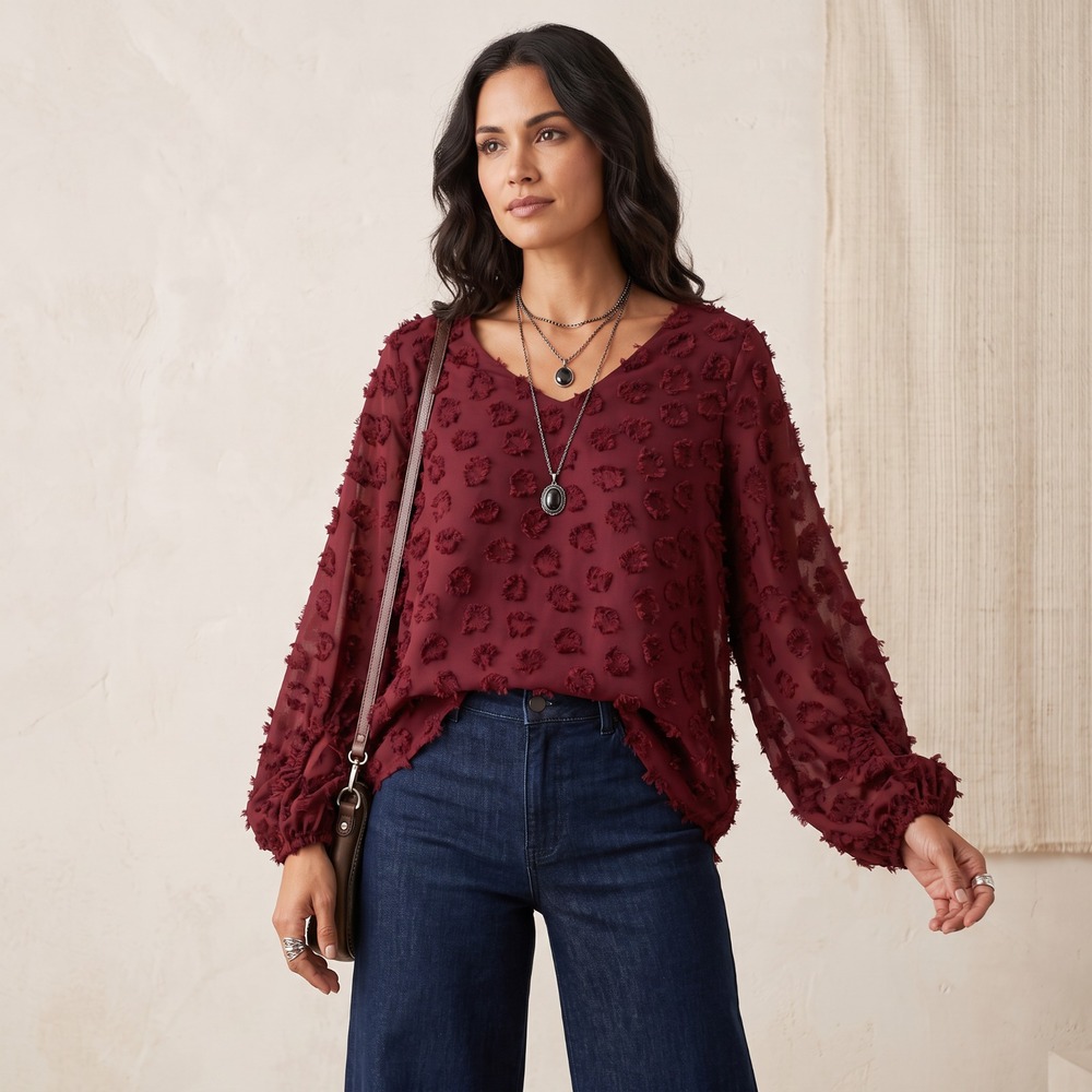Jodifl Burgundy Textured Eyelash Shag Dot V Neck Balloon Sleeve Top Whimsigoth S